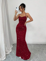 Women?s Sequined Halter Backless Mermaid Maxi Dress