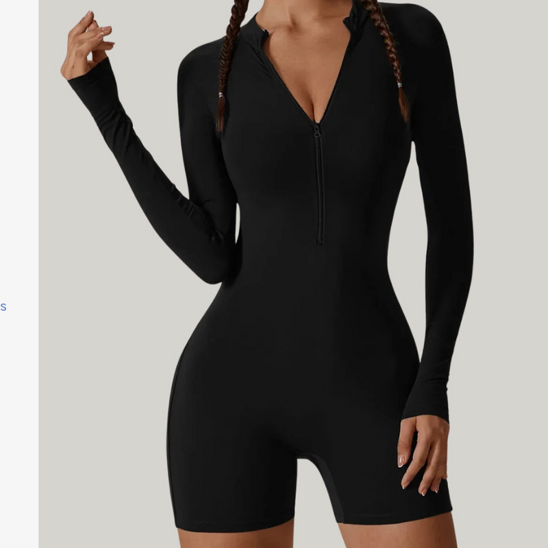Jumpsuit Long-Sleeved Shorts with Open Collar and Zip-Up Sportswear Leggings