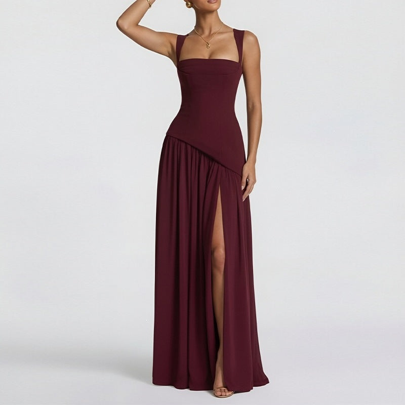 Elegant Backless Pleated Slit Dress