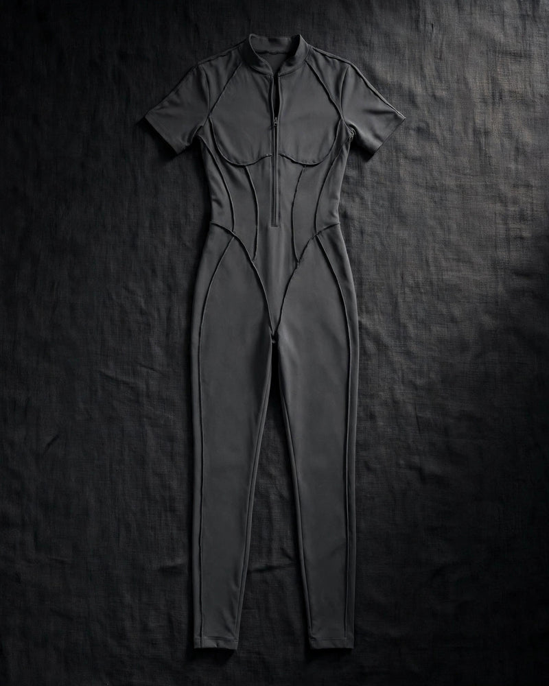 Stand-Up Collar Half-Zip Short-Sleeve Jumpsuit