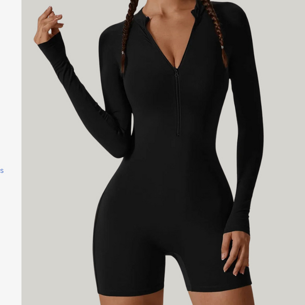Jumpsuit Long-Sleeved Shorts with Open Collar and Zip-Up Sportswear Leggings