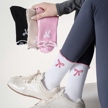 Women's Mid-Calf Yoga Socks with Anti-Slip Grip and Bow Design