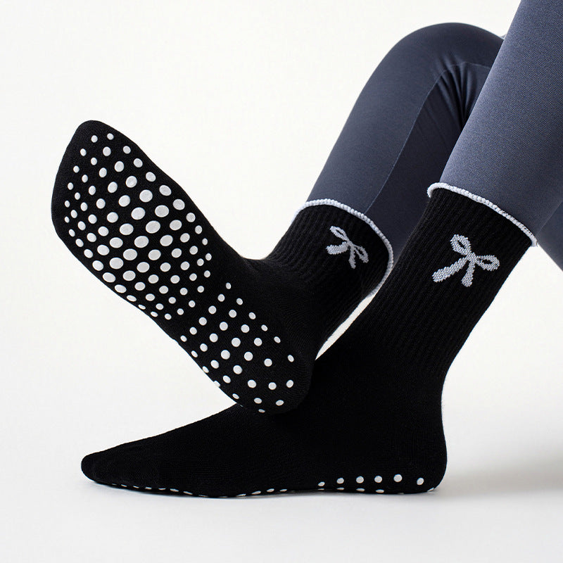 Women's Mid-Calf Yoga Socks with Anti-Slip Grip and Bow Design