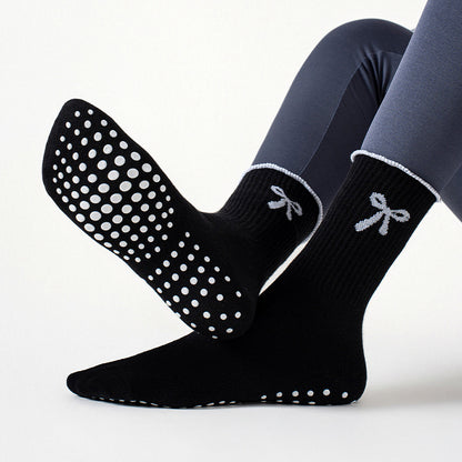 Women's Mid-Calf Yoga Socks with Anti-Slip Grip and Bow Design