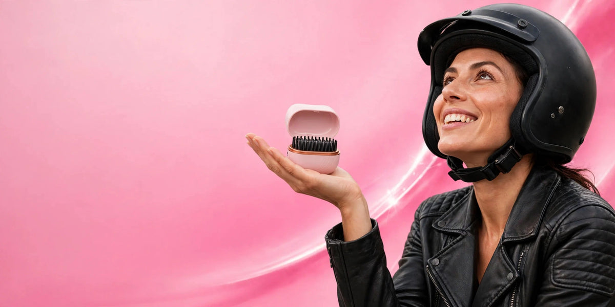 Woman with motorcycle helmet holding the NOEILI cordless styling brush