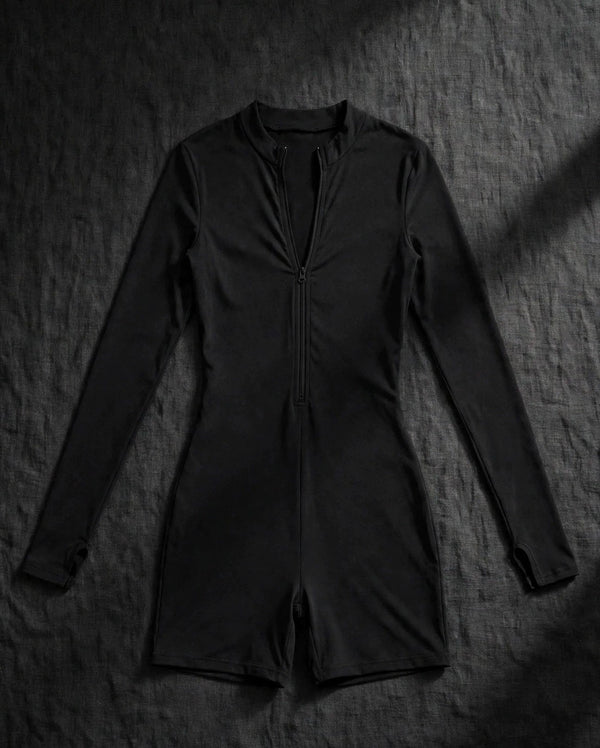 Jumpsuit Long-Sleeved Shorts with Open Collar and Zip-Up Sportswear Leggings