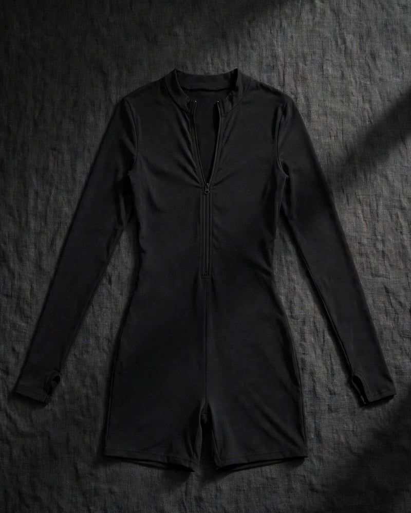 Jumpsuit Long-Sleeved Shorts with Open Collar and Zip-Up Sportswear Leggings