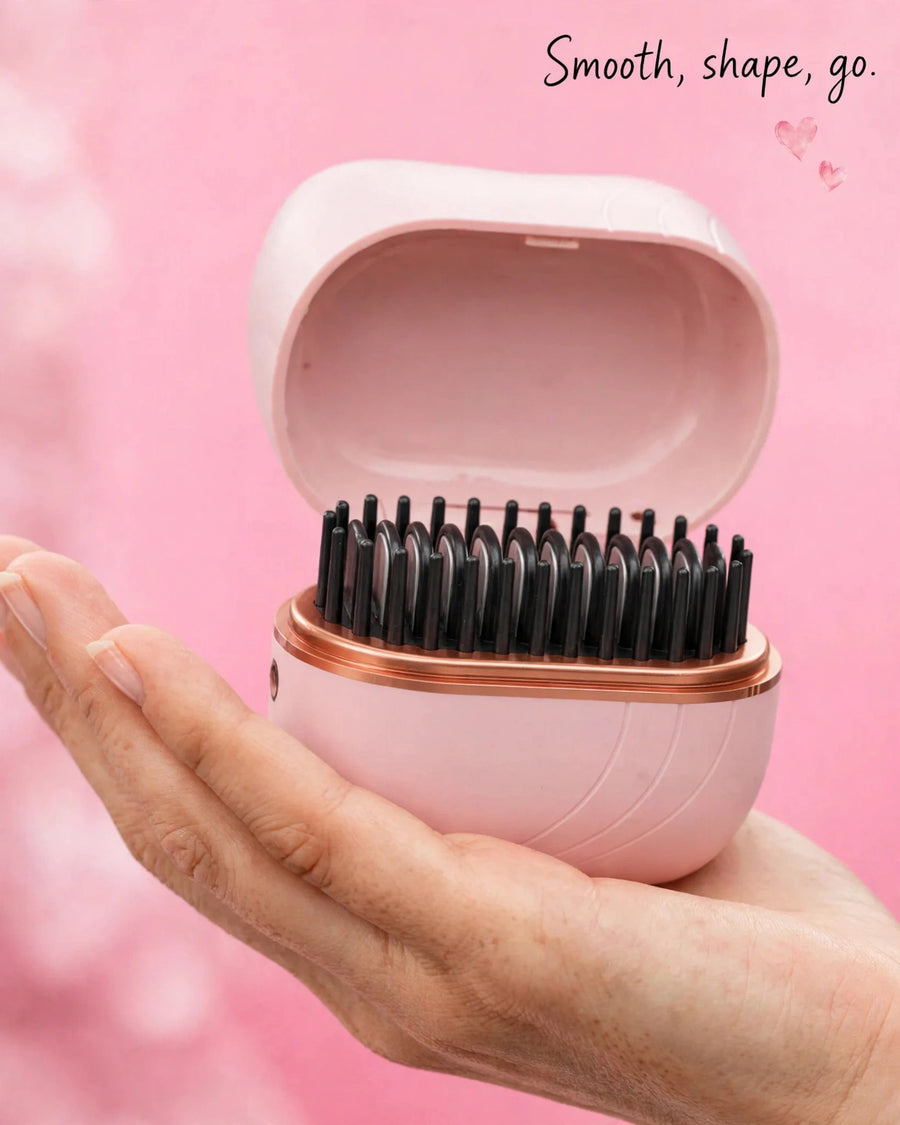 NOEILI cordless styling brush open in hand — bristles and protective cover