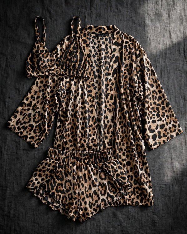 Women's leopard print loose long-sleeved short pants pajama set