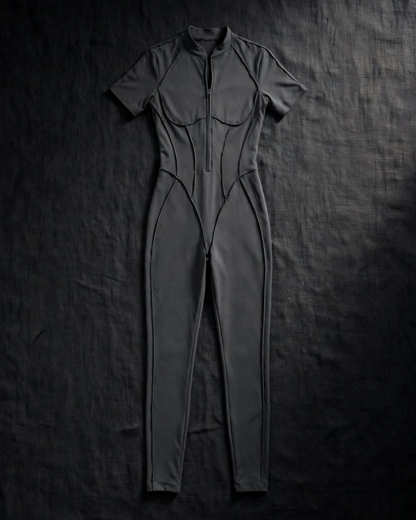 Stand-Up Collar Half-Zip Short-Sleeve Jumpsuit